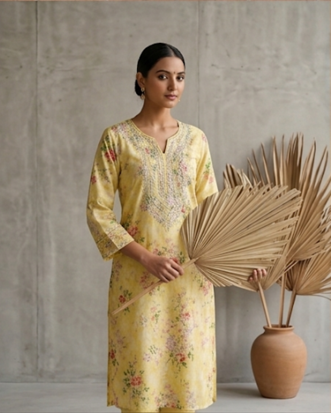 Pastel yellow floral kurti