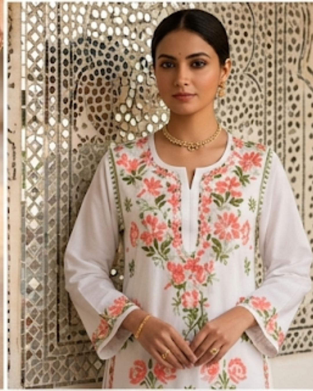 White Floral Embroidered Kurti Set