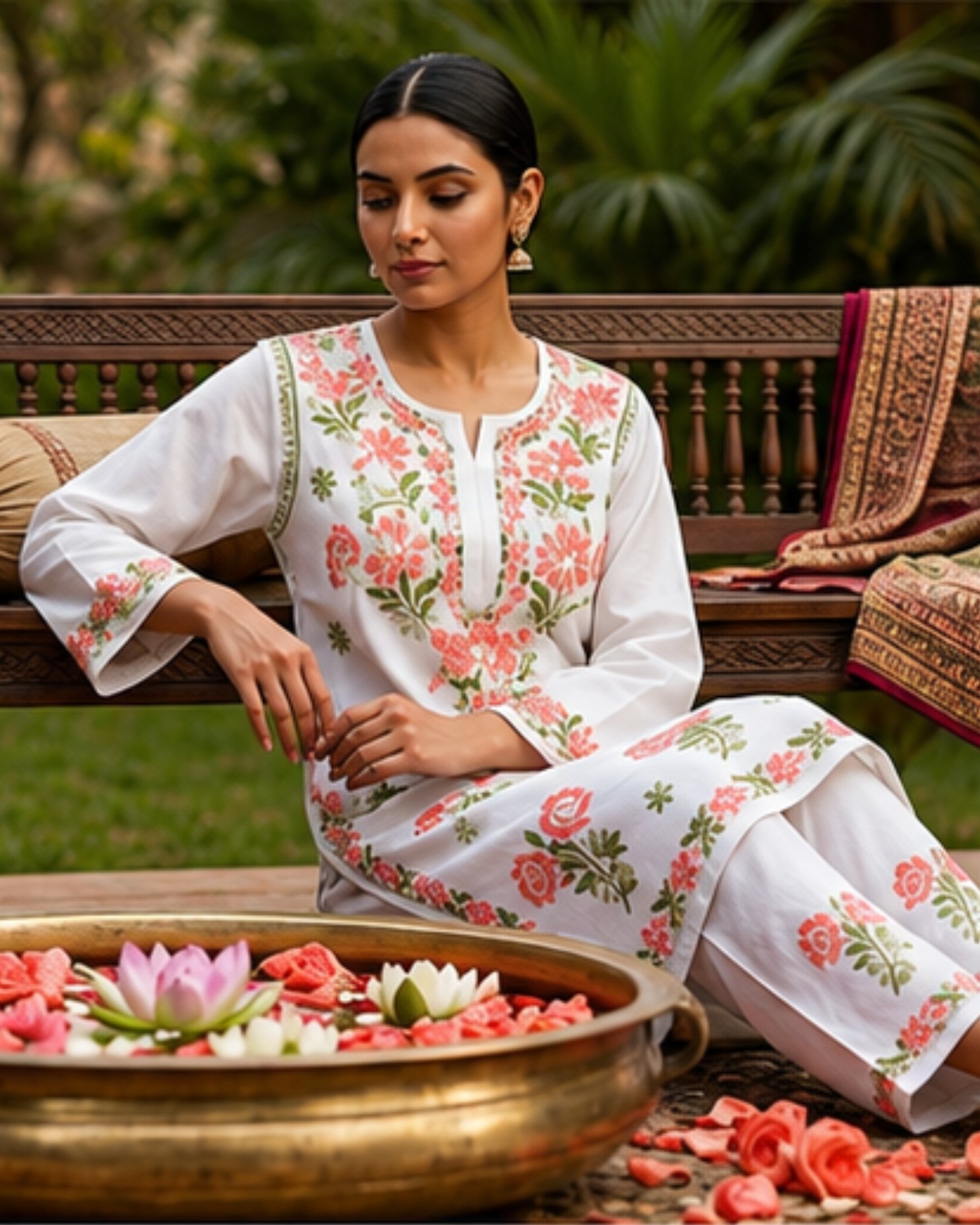 White Floral Embroidered Kurti Set