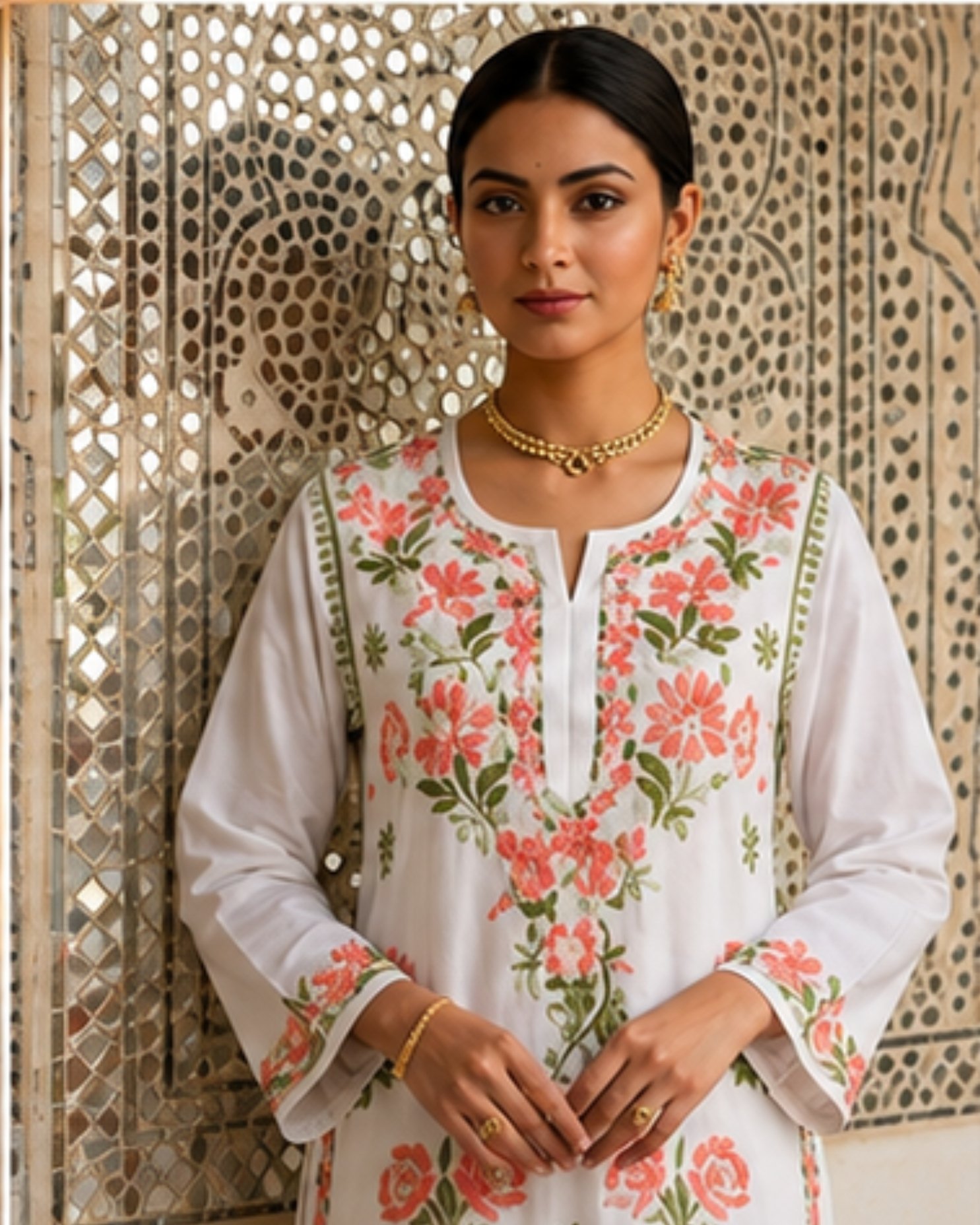 White Floral Embroidered Kurti Set - Image 3
