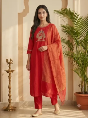 Vibrant crimson three-piece festive ethnic salwar suit set