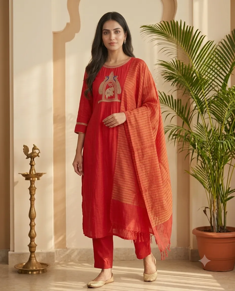 Vibrant crimson three-piece festive ethnic salwar suit set
