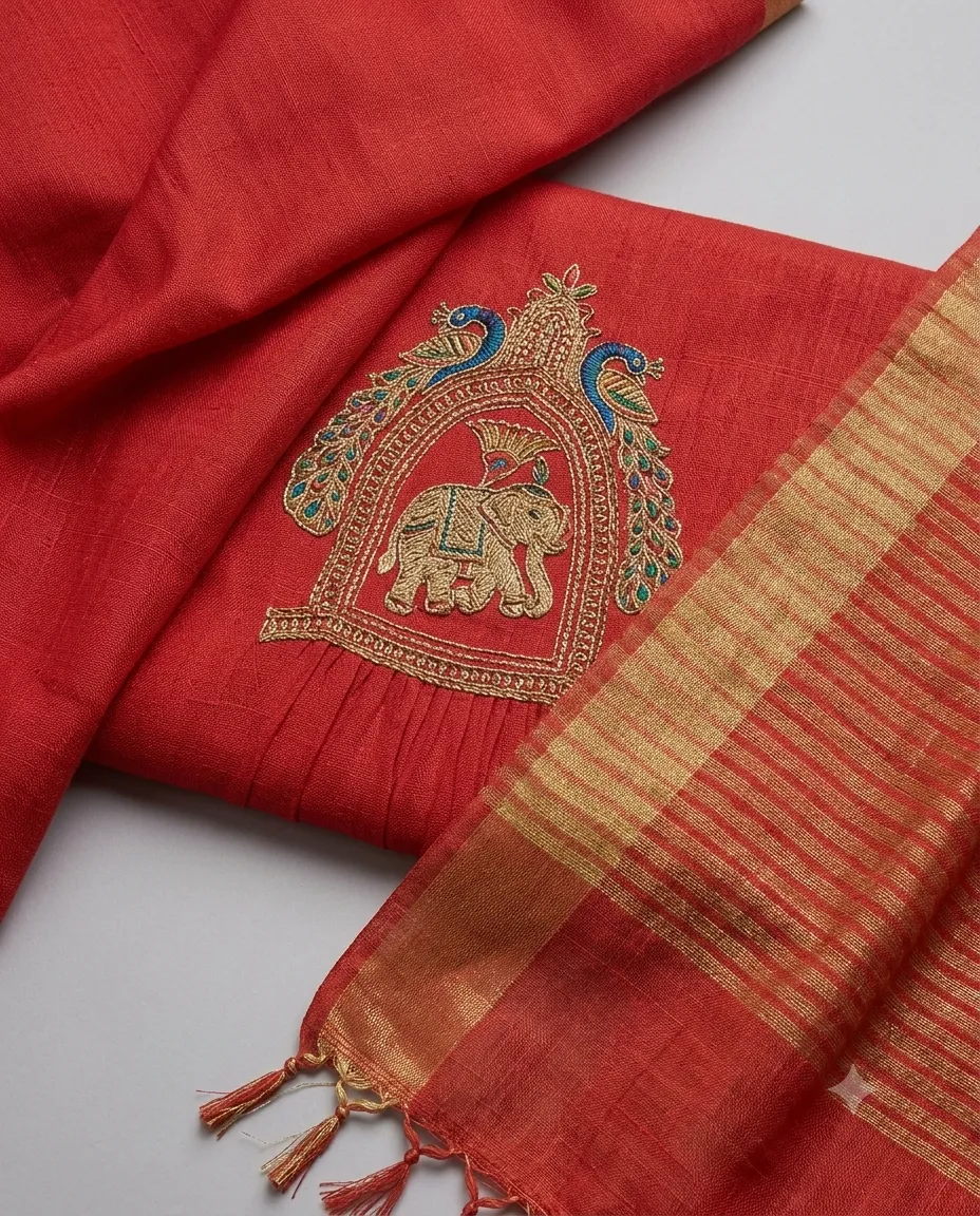 Vibrant crimson three-piece festive ethnic salwar suit set - Image 2