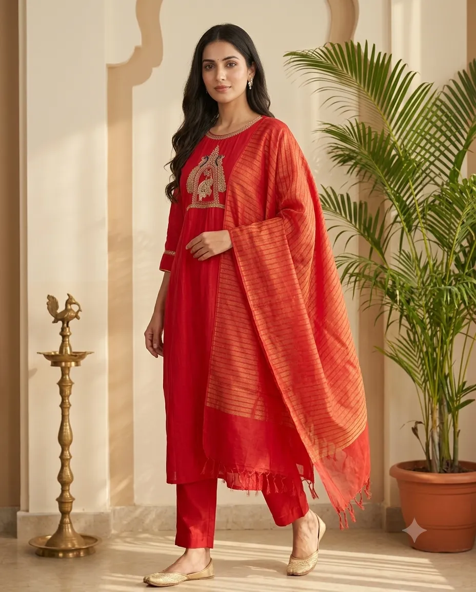 Vibrant crimson three-piece festive ethnic salwar suit set - Image 3