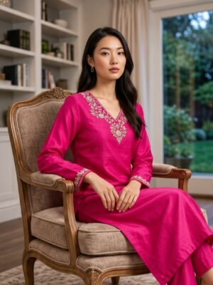 Magenta Embroidered Silk Kurta Set