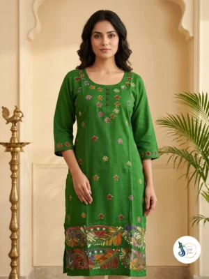 Emerald Green Pure Cotton Kantha Handwork Kurti with Side Pocket