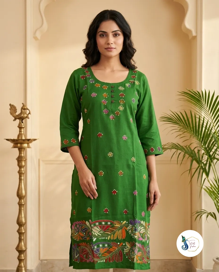 Emerald Green Pure Cotton Kantha Handwork Kurti with Side Pocket