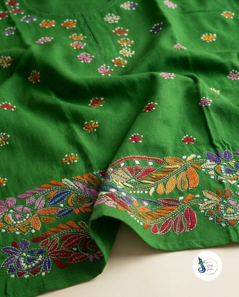 Emerald Green Pure Cotton Kantha Handwork Kurti with Side Pocket - Image 4