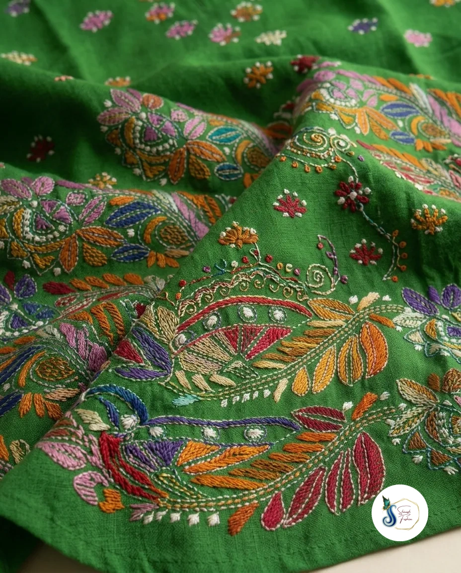 Emerald Green Pure Cotton Kantha Handwork Kurti with Side Pocket - Image 2