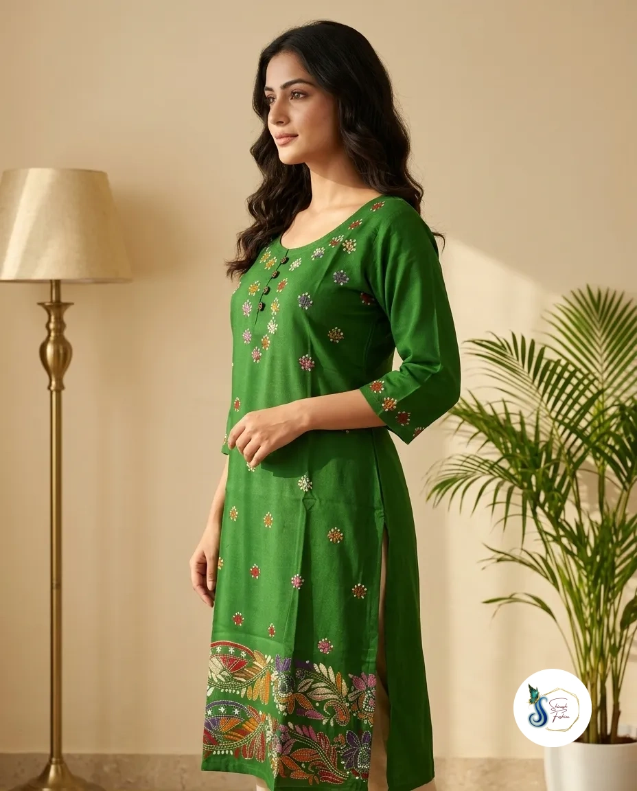 Emerald Green Pure Cotton Kantha Handwork Kurti with Side Pocket - Image 3