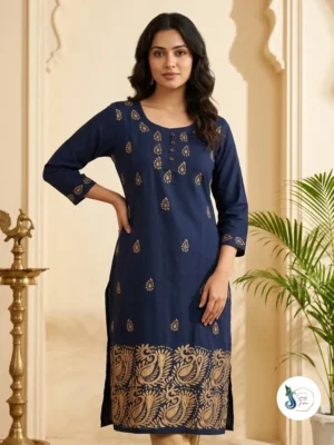Neelanjana – Navy Pure Cotton Kantha Work Kurti