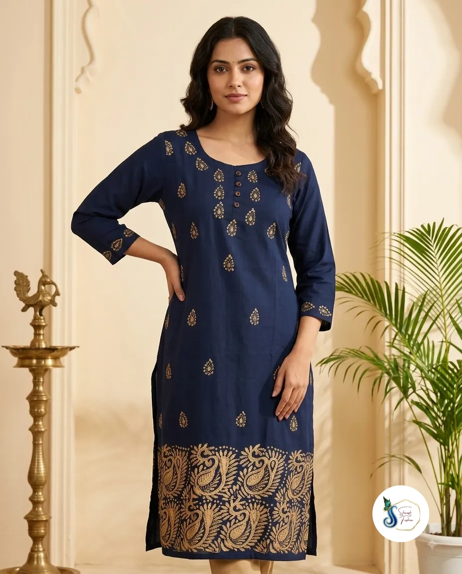 Neelanjana – Navy Pure Cotton Kantha Work Kurti
