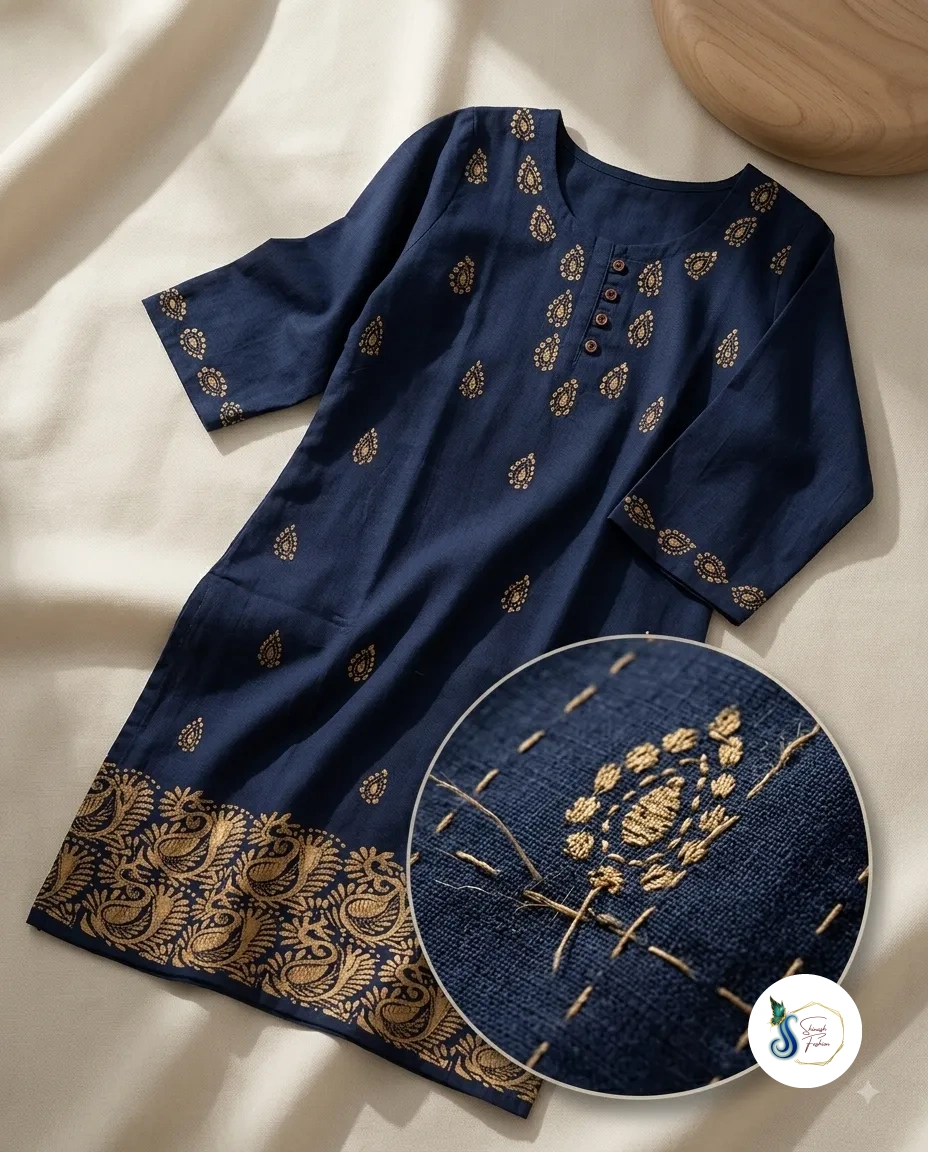 Neelanjana – Navy Pure Cotton Kantha Work Kurti - Image 2