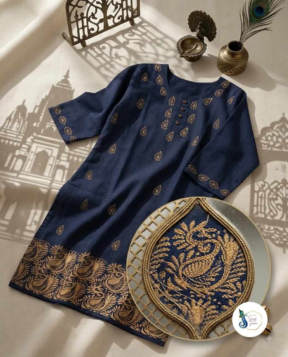 Neelanjana – Navy Pure Cotton Kantha Work Kurti - Image 4