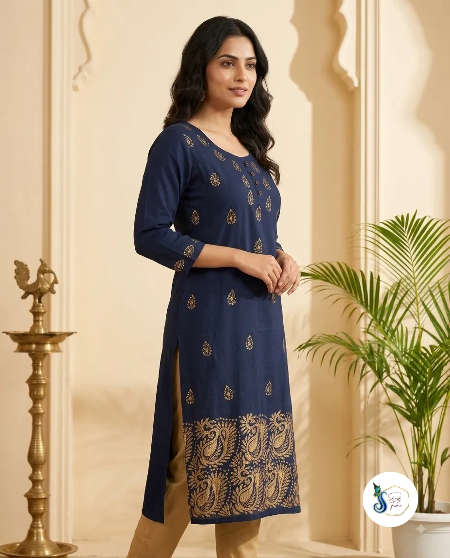 Neelanjana – Navy Pure Cotton Kantha Work Kurti - Image 3