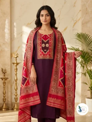 Meher Wine Modal Silk 3-Piece Ethnic Set
