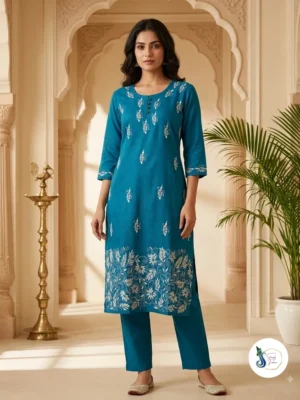 Neel Tara – Teal Blue Pure Cotton Kantha Kurti with Pocket