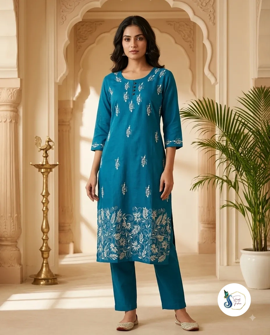 Neel Tara – Teal Blue Pure Cotton Kantha Kurti with Pocket
