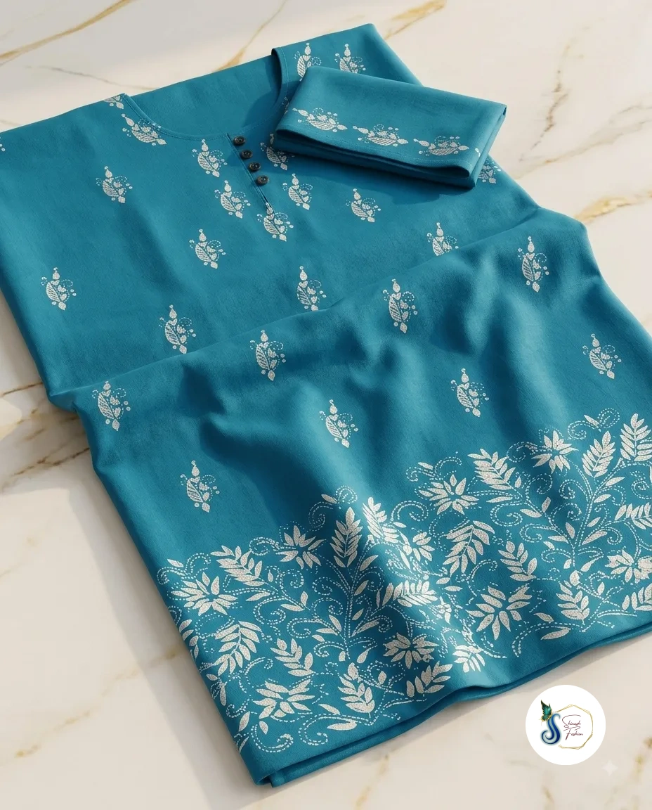 Neel Tara – Teal Blue Pure Cotton Kantha Kurti with Pocket - Image 2