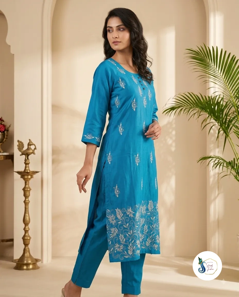 Neel Tara – Teal Blue Pure Cotton Kantha Kurti with Pocket - Image 3