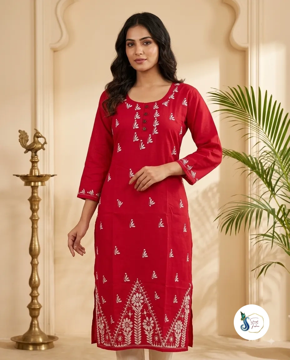 Ruhani Red Pure Cotton Kantha Handwork Kurti