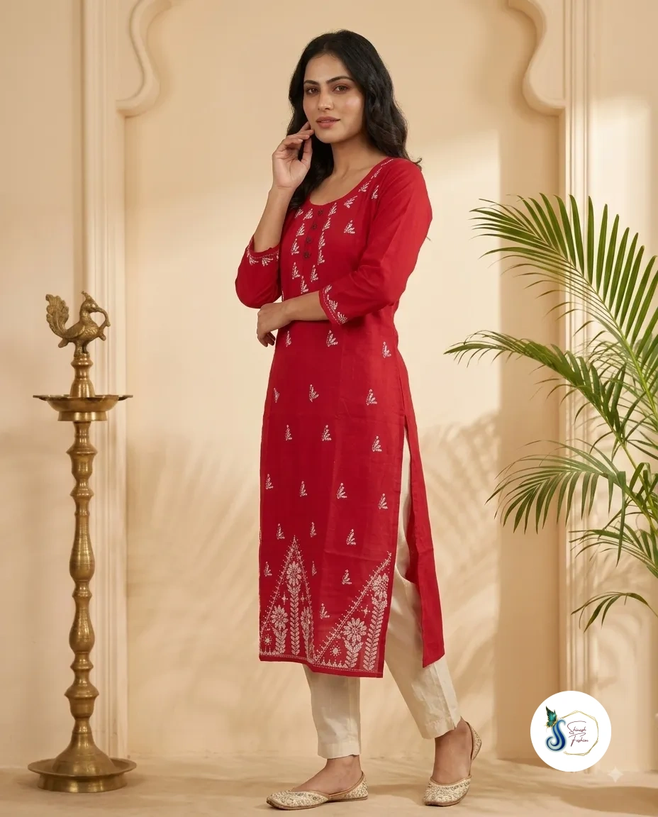 Ruhani Red Pure Cotton Kantha Handwork Kurti - Image 3