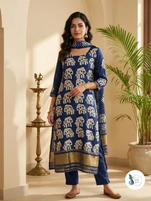 Indigo Blue Batik Silk Elephant Motif Three-Piece Set