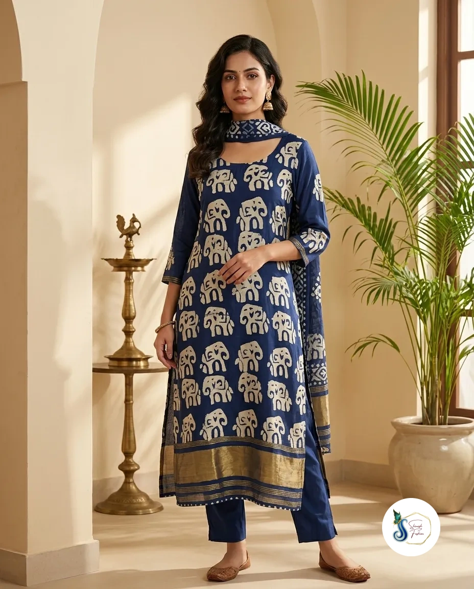 Indigo Blue Batik Silk Elephant Motif Three-Piece Set