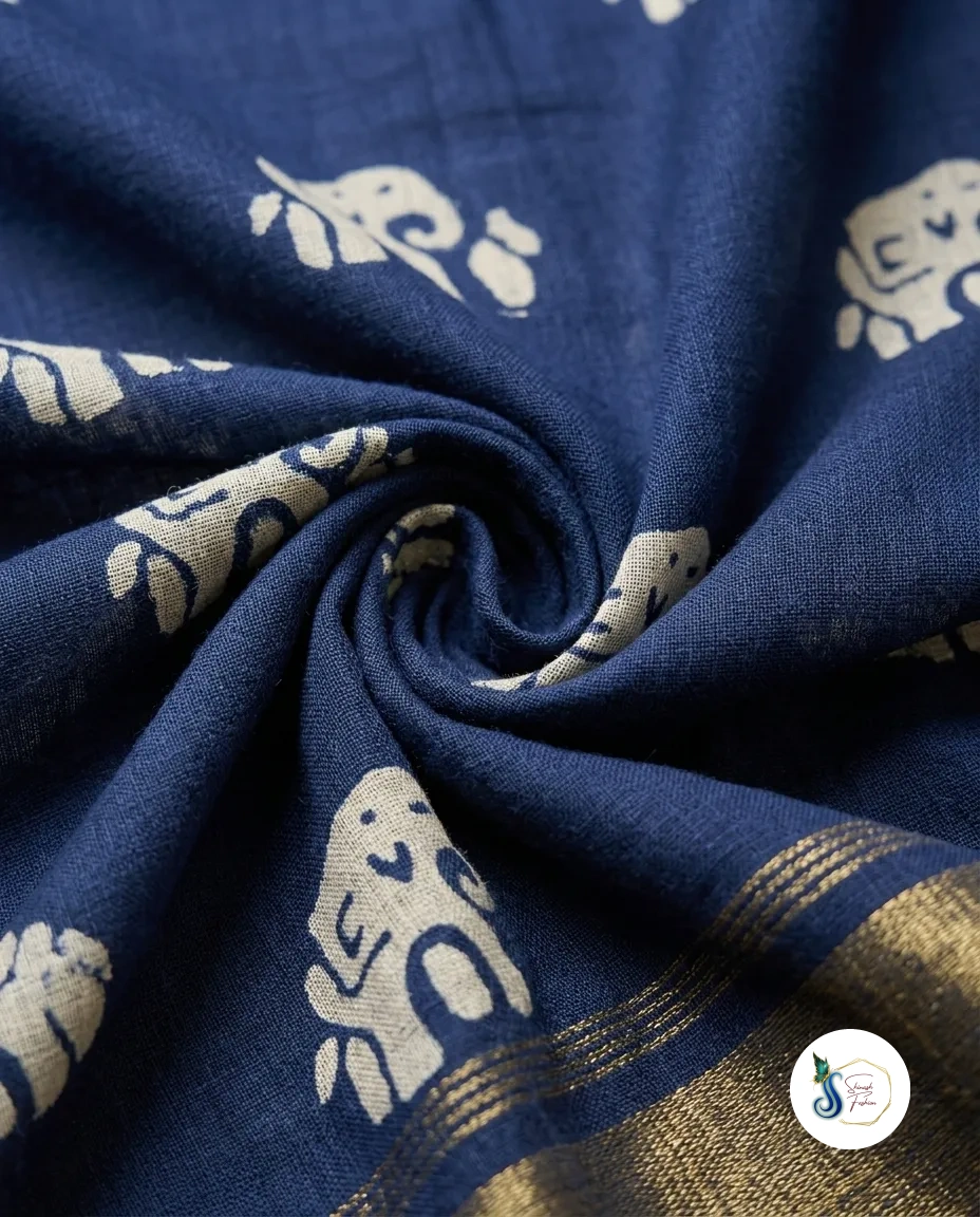 Indigo Blue Batik Silk Elephant Motif Three-Piece Set - Image 2