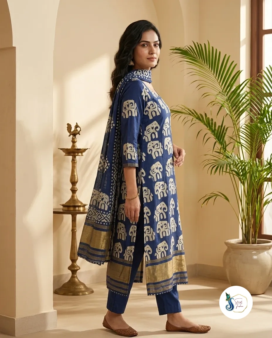Indigo Blue Batik Silk Elephant Motif Three-Piece Set - Image 3