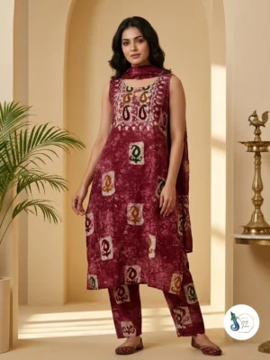 Maroon Batik Silk 3-Piece Suit with Golden Zari Border
