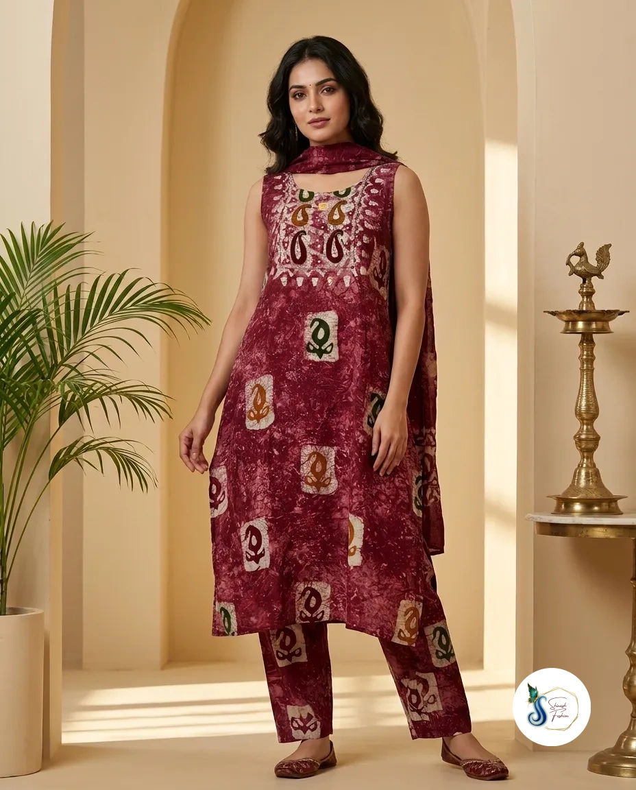 Maroon Batik Silk 3-Piece Suit with Golden Zari Border