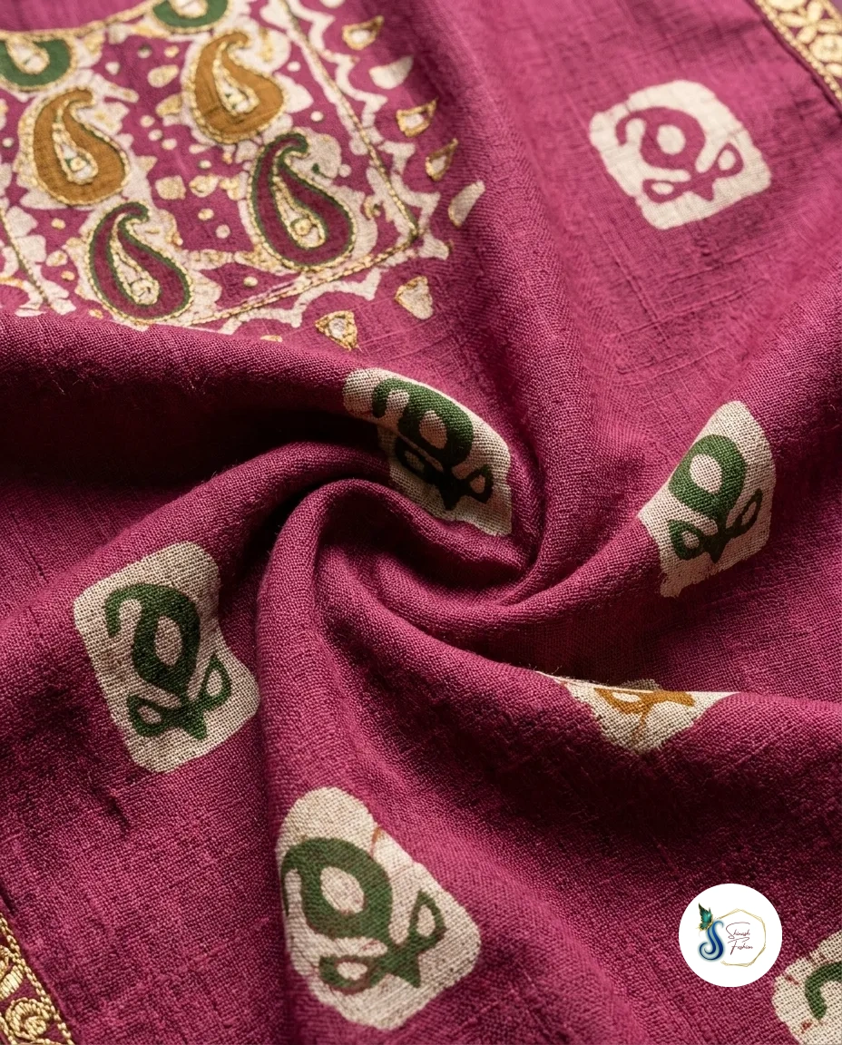 Maroon Batik Silk 3-Piece Suit with Golden Zari Border - Image 2