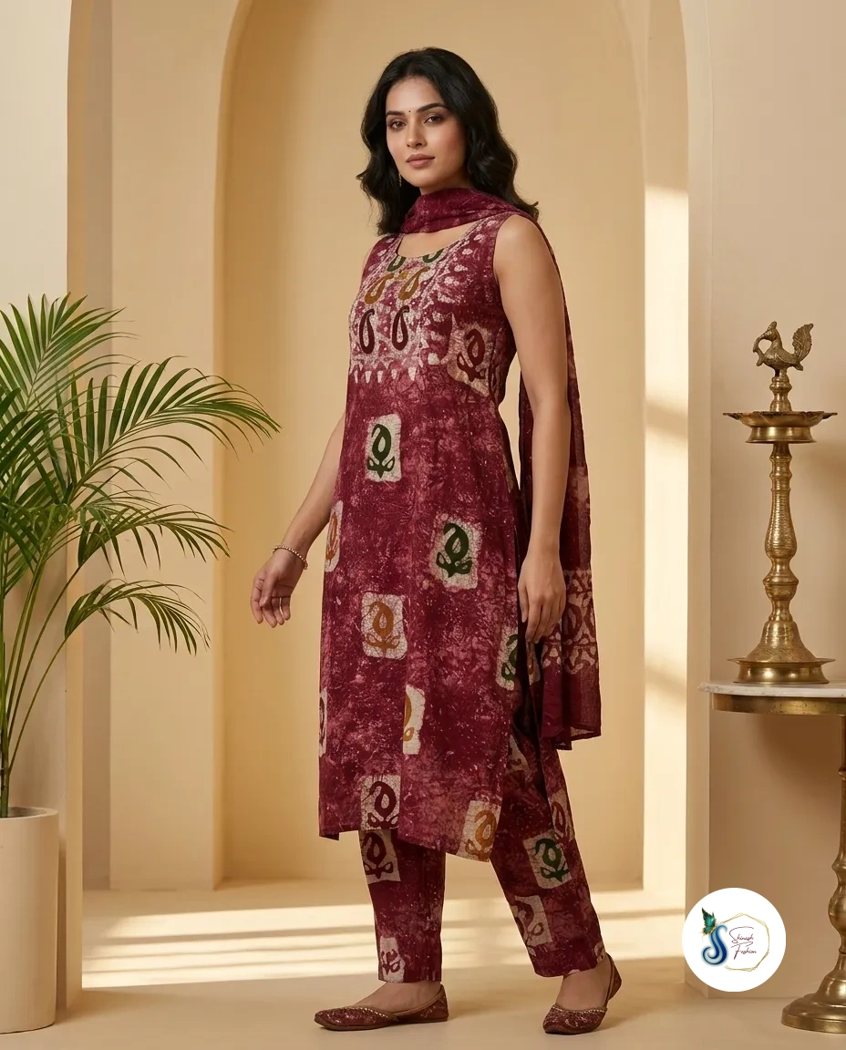 Maroon Batik Silk 3-Piece Suit with Golden Zari Border - Image 3