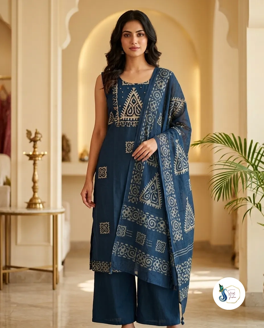 Midnight Teal Batik Silk 3-Piece Set with Sequin Yoke