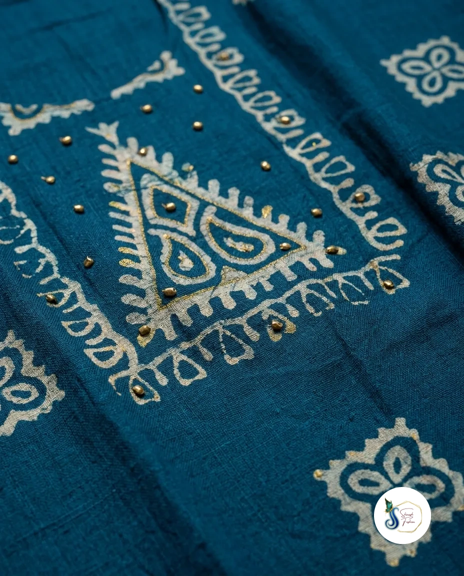 Midnight Teal Batik Silk 3-Piece Set with Sequin Yoke - Image 2