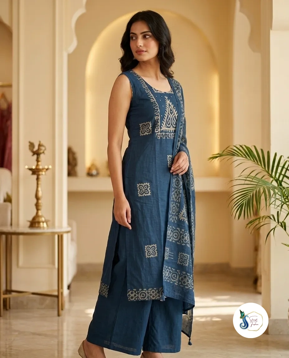 Midnight Teal Batik Silk 3-Piece Set with Sequin Yoke - Image 3