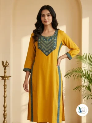 Mustard Gold Modal Silk Kurti with Mirror & Sequin Yoke