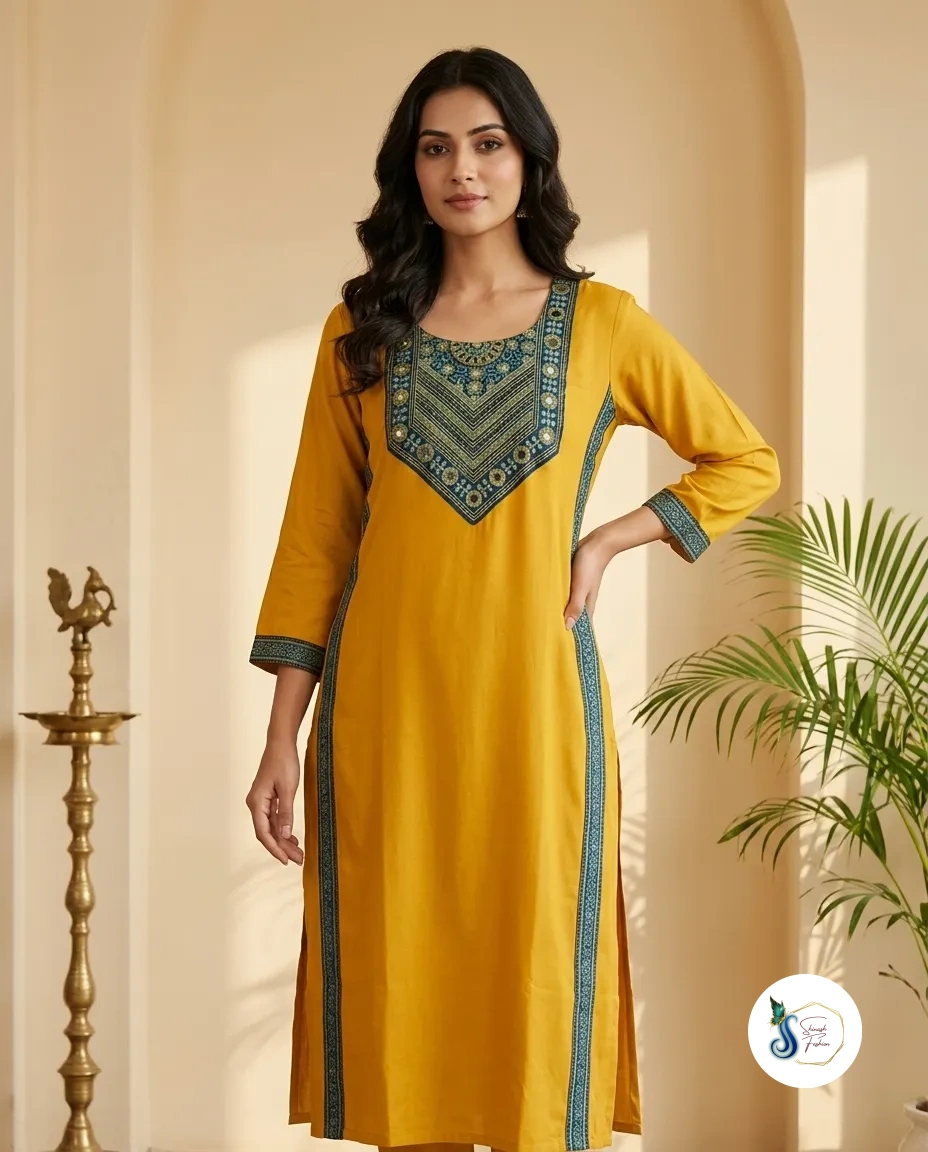 Mustard Gold Modal Silk Kurti with Mirror & Sequin Yoke