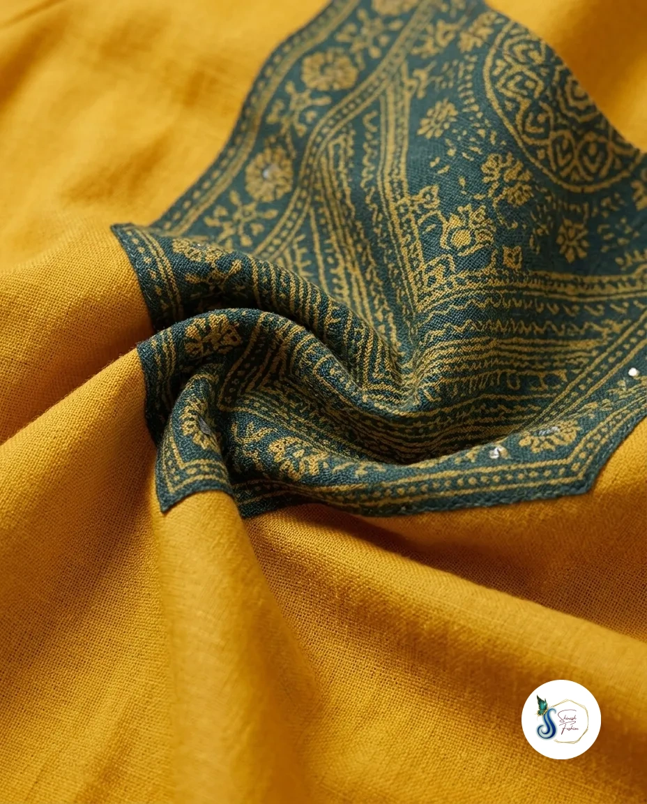 Mustard Gold Modal Silk Kurti with Mirror & Sequin Yoke - Image 3