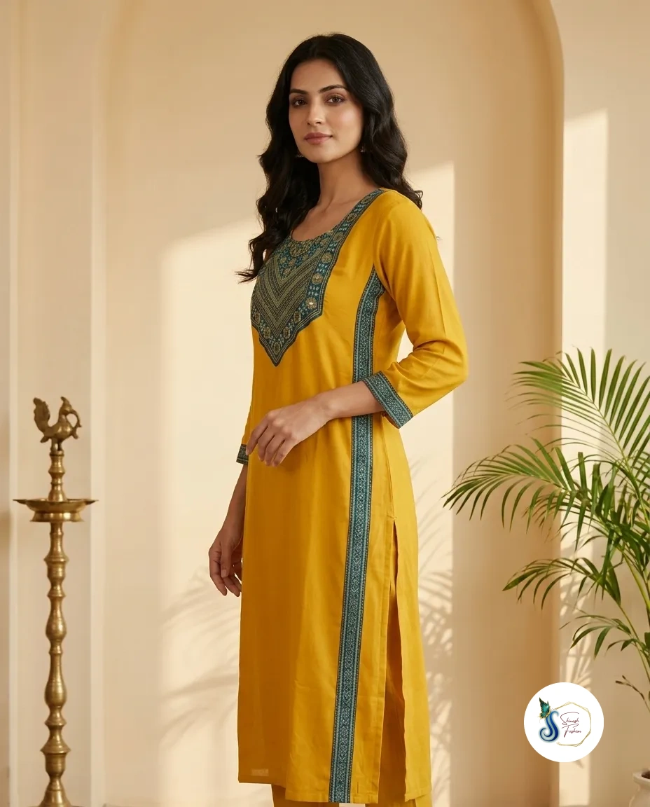 Mustard Gold Modal Silk Kurti with Mirror & Sequin Yoke - Image 2