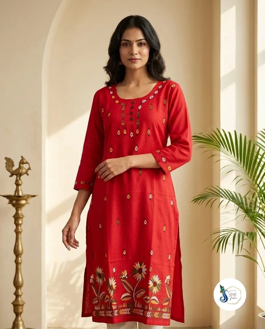 Scarlet Red Pure Cotton Kantha Handwork Kurti with Side Pocket