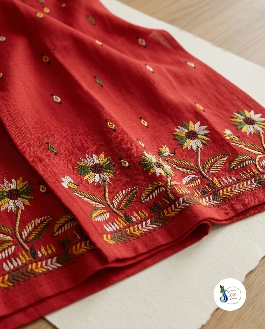 Scarlet Red Pure Cotton Kantha Handwork Kurti with Side Pocket - Image 4