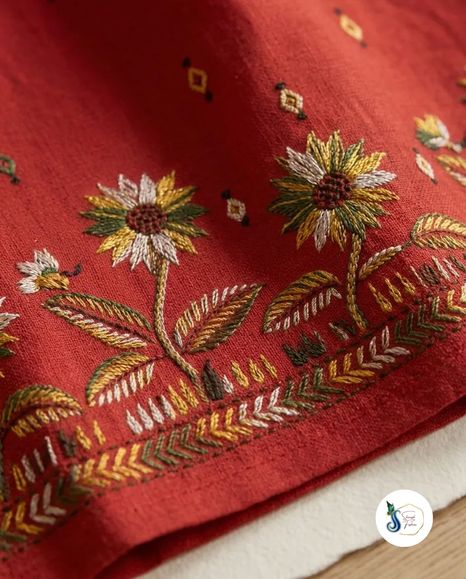 Scarlet Red Pure Cotton Kantha Handwork Kurti with Side Pocket - Image 2