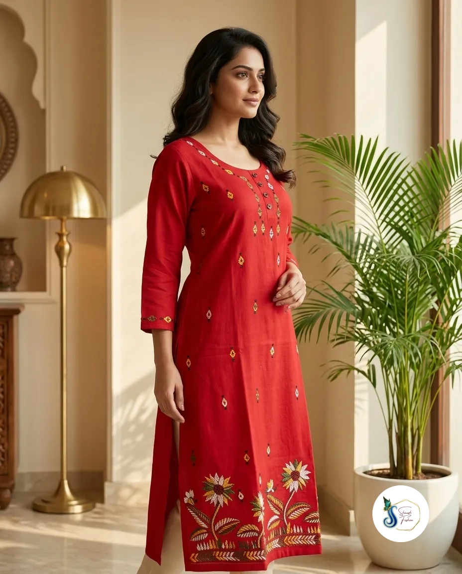 Scarlet Red Pure Cotton Kantha Handwork Kurti with Side Pocket - Image 5