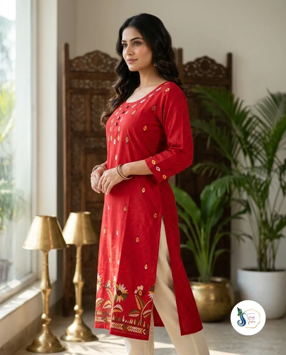 Scarlet Red Pure Cotton Kantha Handwork Kurti with Side Pocket - Image 3
