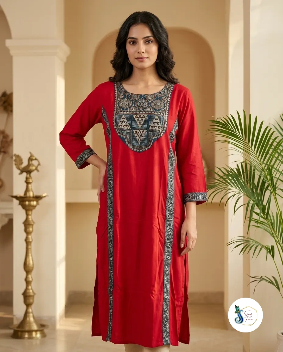 Vermilion Red Modal Silk Statement Kurti with Mirror & Sequin Work