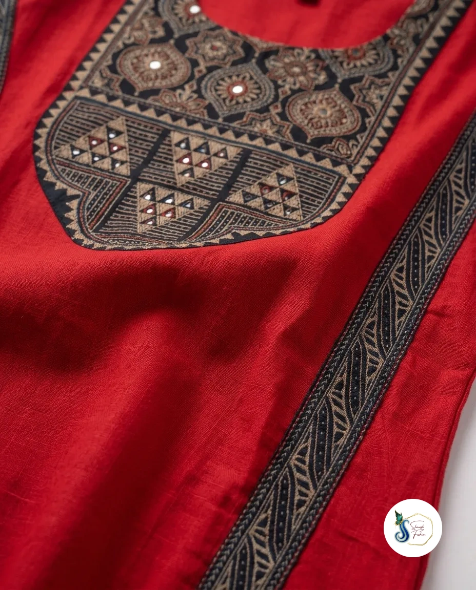 Vermilion Red Modal Silk Statement Kurti with Mirror & Sequin Work - Image 2