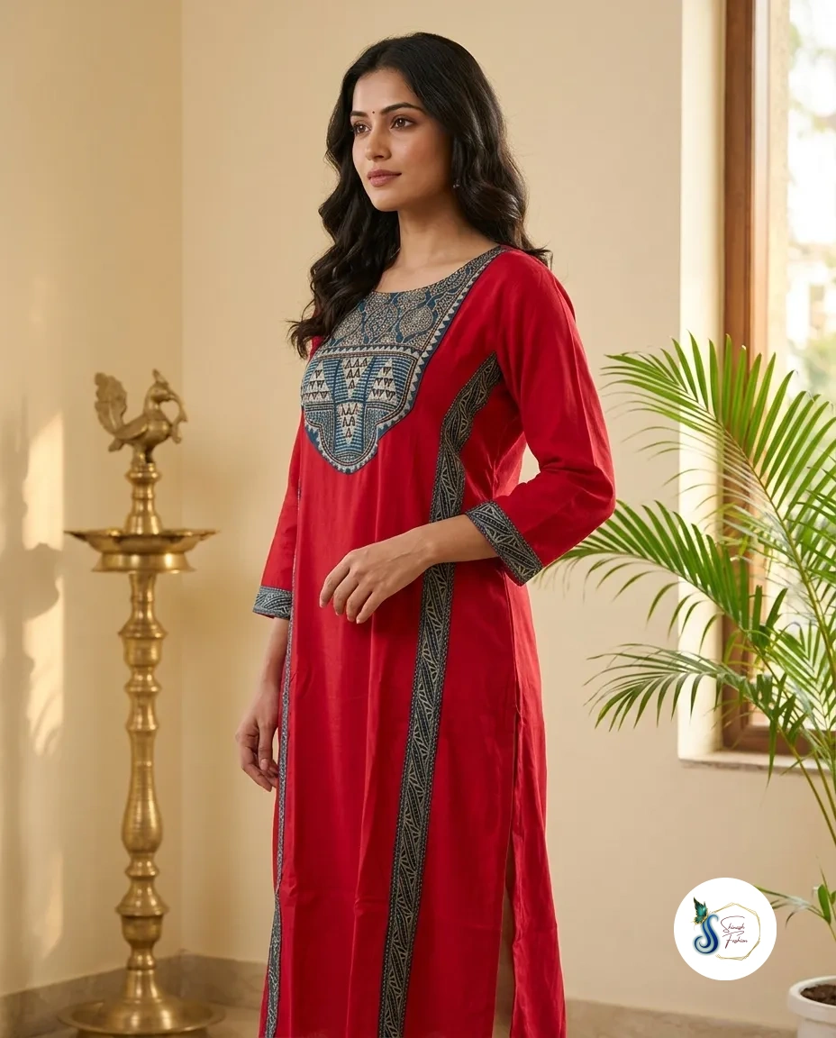 Vermilion Red Modal Silk Statement Kurti with Mirror & Sequin Work - Image 3