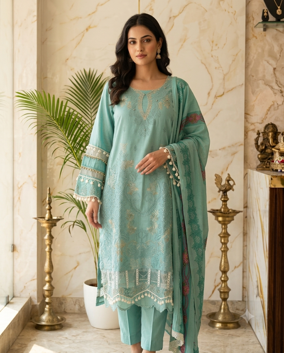 Aqua Green Pakistani Concept Pure Cotton Suit